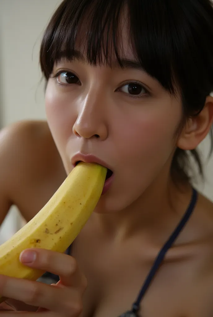 Woman eating a big banana,   exquisite facial features  ,  beautiful eyes, all over my face、 photorealistic,  high image quality during sick leave, 8k,  My Only Hyper Details,  studio lighting ,  Dramatic light and dark  ,  movie ,  moody lighting,    dram...