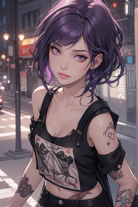 1girl,a beautiful fashion model ,(masterpiece, detailed background, best quality), short and shiny hair, dark purple hair,smirk,juicy lips,red lips, slutty street clothes, stripping, elegant makeup, exhibitionism, chloe price, alt girl, black tattoos, ripp...