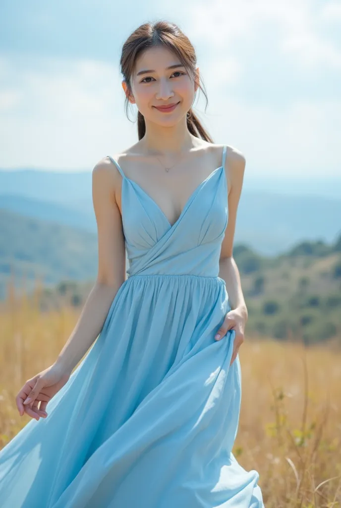 I want to create a wide angle image of a realistic Asian woman., wearing a light blue skirt dress, smiles brightly, Eye contact with camera ,  remote photo