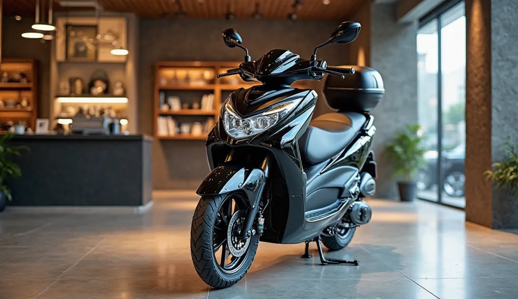   2025 Suzuki burgman street 125 EX scooter  black color front view  stand in beautiful showroom