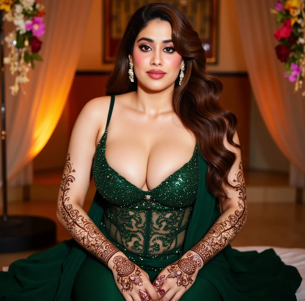 Sexy indian curvy bhabhi with big massive cleavage and huge breast,wearing a deep emerald green,  sequinned, sleeveless top with a deep-cut neckline which exposes her massive breasts and deep cleavage.  Over the top, a dark green, flowing  gown.  Elaborate...