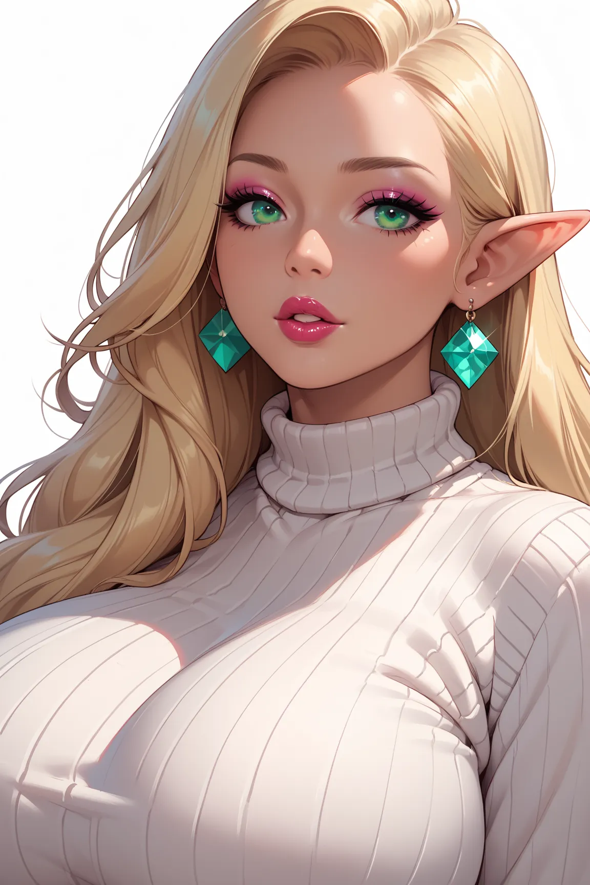 
score_9, score_8_up, score_7_up, 1 girl,Alone, upper body,viewers, white background, plump long blonde hair, Elf, makeup , parted lips, lipstick, eyeliner,  bimbo, Gal girl ,  huge breasts,  sweater ,  mint green eye