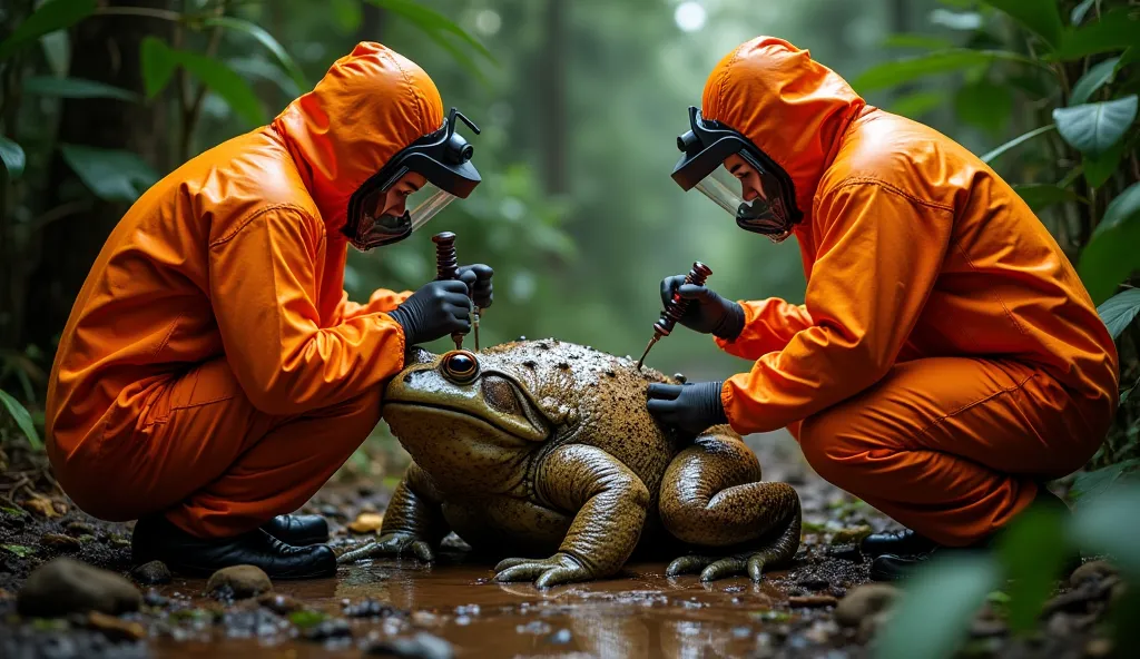 "A team of wildlife biologists in orange hazmat suits carefully handling a massive frog covered in parasites. They are removing leeches from its moist, bumpy skin using precision tools. The scene is set in a dense rainforest near a research station, with h...