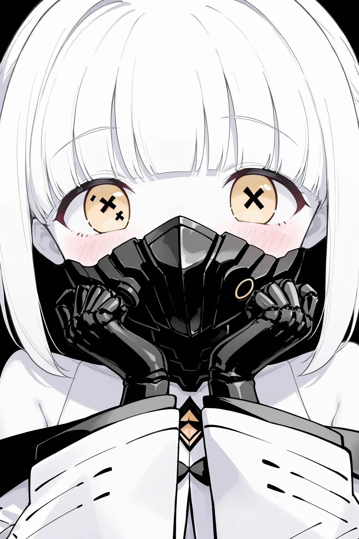 1girl,solo,ein \(blue archive\),(symbol-shaped pupils:1.4),white skin,yellow eyes,white hair,twintails,mechanical tail,mechanical hands,mask,white jacket,wide sleeves,embarrassed,blush,straight-on,portrait,close-up
,BREAK masterpiece,best quality,aiu,perfe...