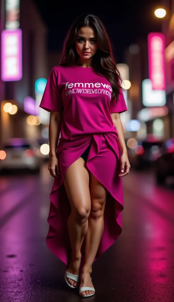 "Urban photograph posing walking down the street, with an oversized fuchsia t-shirt and 'FemmeWolf' in elegant letters, combined with an asymmetric skirt. Dark background enhanced by neon lights."

