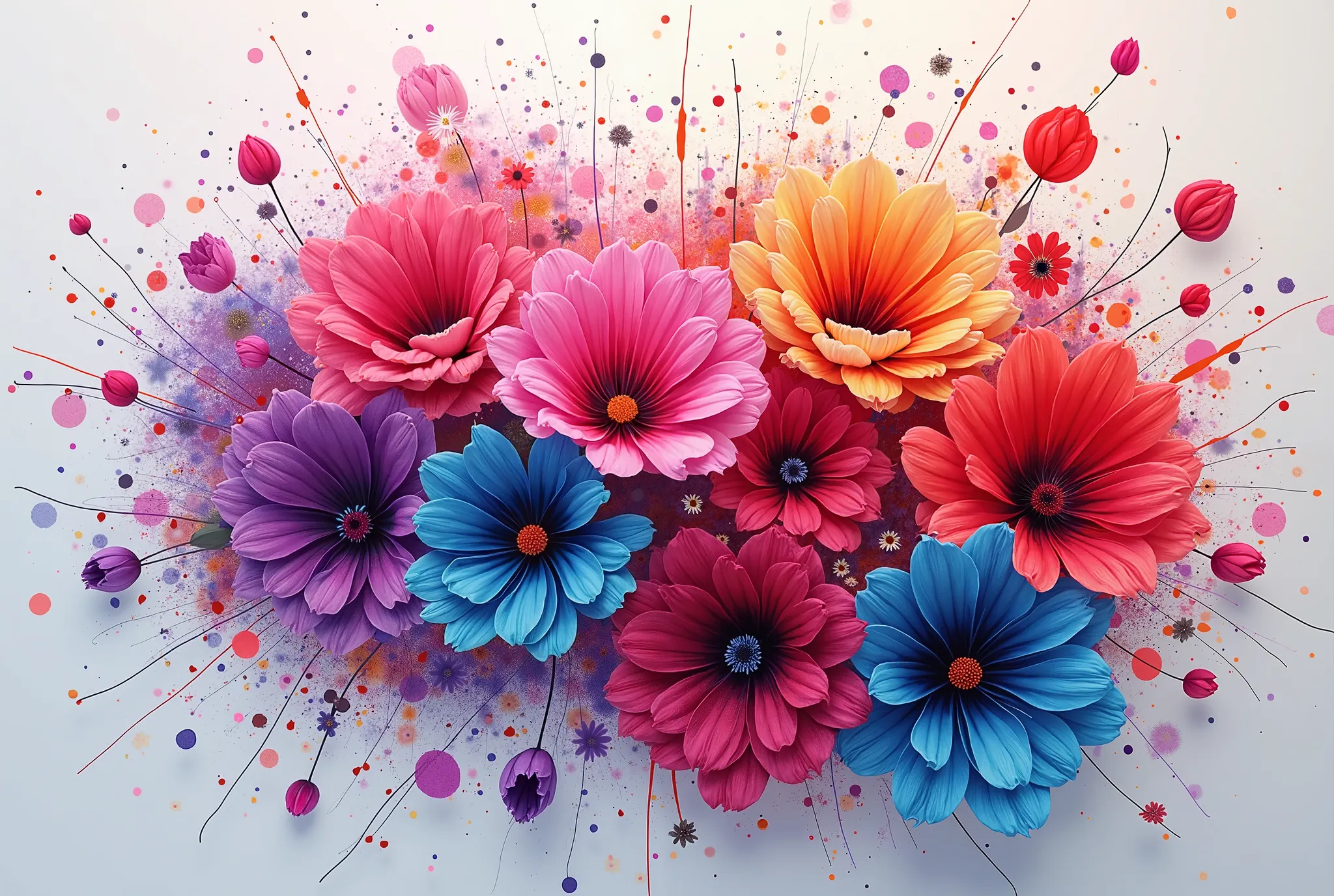 "A stunning explosion of colorful flowers, blending seamlessly with abstract paint splashes. The composition is dynamic, with petals appearing to float in motion, as if caught in a gentle breeze. The flowers range from deep reds and purples to electric blu...