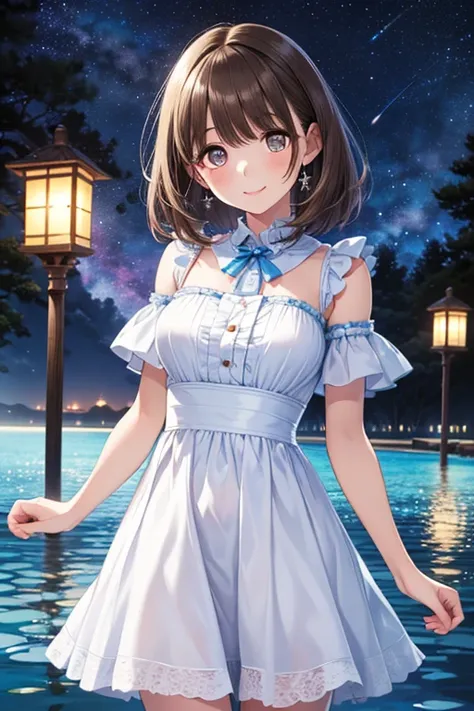 abusseur dress, high resolution, (Official Art, beautiful and artistic:1.2), (Shortsighted:1.15), (1 girl,  Lantern,  medium hair, , bright eyes,  long white dress, Blue frills,:1.2) blue sky, Shining Galaxy, ( Salar de Uyuni :1.2), (Fractal Art:0.8), Wate...