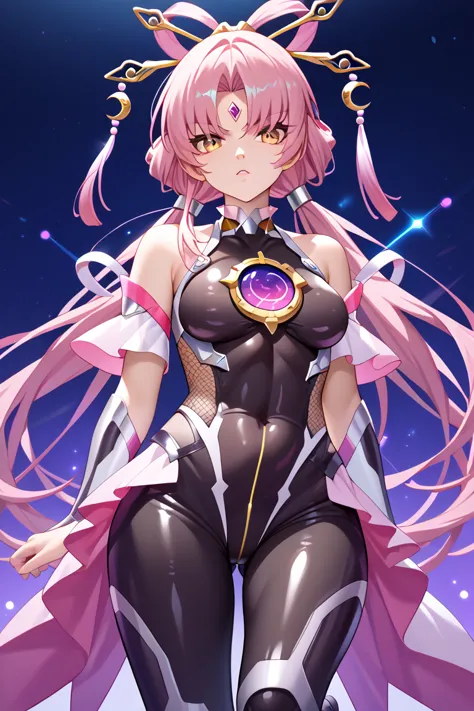 anime, perfect quality, best quality, absolutely eye-catching, masterpiece, absurd res, 1girl, solo, adult_girl, fu xuan, pink hair, yellow eyes, bare shoulders, parted bangs, twin tails, bow-shaped hair, low twintails, serious, (taimanin suit), black_body...