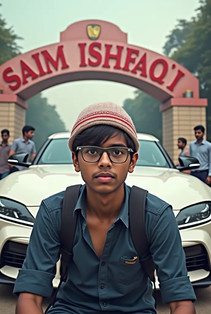 Boy

[Lamborghini red colour] - " Indian biggest park background, and 20 year old wearing sky blue and white Casual shirt, laxuary one handwatch, laxury glasses, medium beatiful hair, sitting on realistic white Supra MK6 of side, with name "SAIM ISHFAQ" Wr...