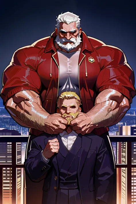 A huge muscular old man Wearing red jacket in night city, (old man (huge muscular, giga Chad, bara, big arm, biggest arm, biggest muscular, biggest chest , big chest, big pec, big bicep, extremely detailed muscle, short hair, white bearded, yellow hair, hu...