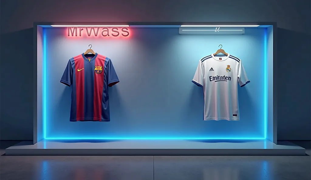 Un mur moderne rectangulaire et lumineux, avec un fond clair et légèrement texturé, parfait pour une vidéo YouTube. Deux maillots de football sont accrochés côte à côte : à gauche, le maillot du FC Barcelone avec ses couleurs bleu et grenat éclatantes ; à ...