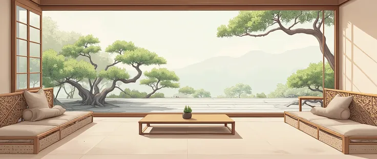 illustration in soft colors predominating , minimalism of a Japanese style living room with window to see the minimalist Japanese garden with bonsai trees, the stage evokes energy and elegance