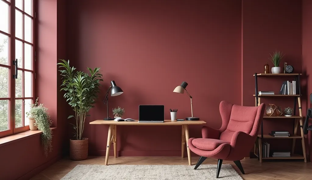 A spacious study in burgundy shades with a laptop on the table and an armchair next to it