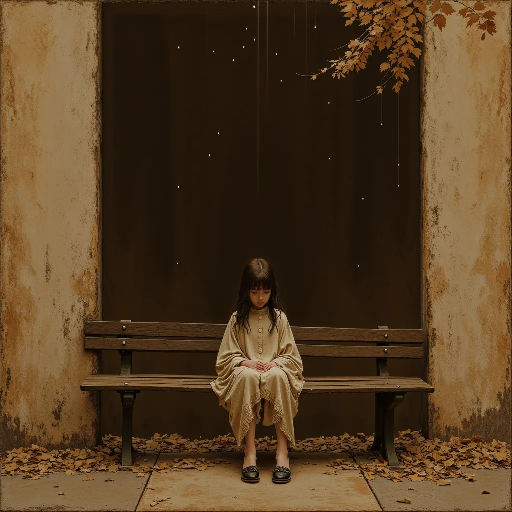 ((Extreme closeup Banksy inspired painting of a young girl sitting on a park bench in the rain as a warm sepia rendering)), ((she wears high heeled shoes and a simple dress)), ((style is a combination of Arthur Rackham and Banksy)), (surreal), ((Autumn lea...