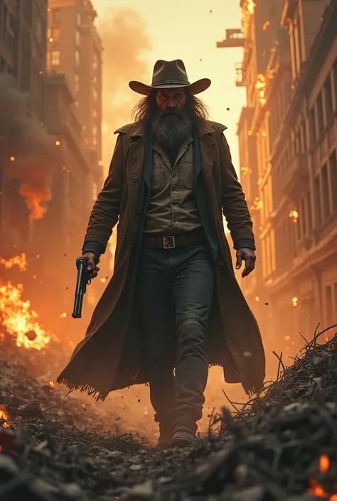 19th-century drifter gunslinger in a dark fantasy setting,   long hair, beard  , crazy eyes, Kubrick stare, late-20s, long_shot, duster-coat, dangerous, fire, exploding building, destruction, unbridled rage, total fury, six-shooter raised