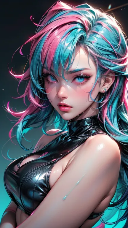 (best quality, ultra-detailed, photorealistic: 1.39), beautiful woman, ((extremely beautiful woman with liquid paint hair)), (large breasts:1.4), (((very long hair, absurdly long hair, liquid paint hair:1.1, neon purple hair|neon pink hair|neon blue hair|n...