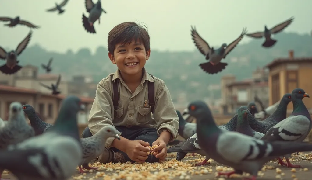 We are in Turkey in the 1980s. A 15-year-old boy is feeding a hundred pigeons on the roof of a village house. There is a smile on his face. We see a close-up. There is a nostalgic atmosphere.