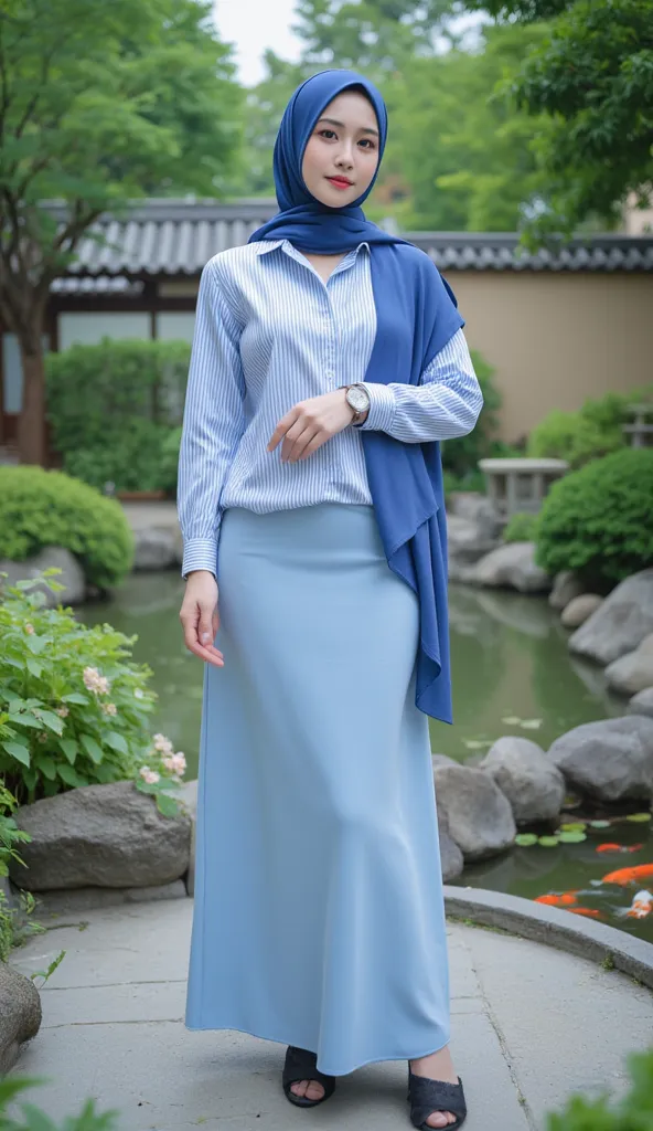 Japanese garden, pretty Koi fish ponds, a woman, shirt strips blue /White, hijab blue, light blue Long skirt, wedges black, watch,body perfect, Details fingers