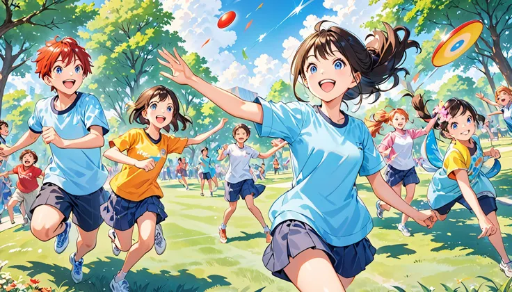 "A vibrant outdoor scene with a group of energetic people playing DODGEBEE in a sunny park. Smiling faces, dynamic action poses, and a colorful flying disc soaring through the air. The players are diverse in age and gender, wearing sporty casual outfits. T...
