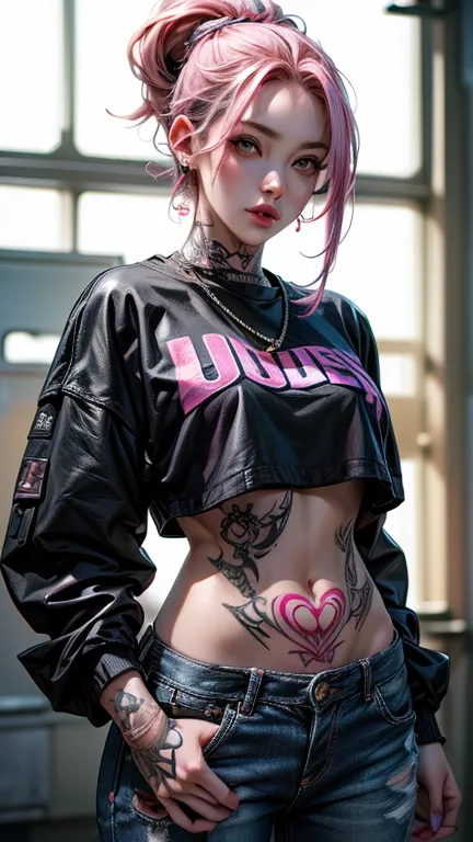 (best quality, ultra-detailed, photorealistic: 1.39), Pink Hair, Perfect style, Pretty Face, Highly detailed face and skin textures, (Maximum resolution: 1.2), 1 female, Solitary, Hips up, Jewelry, (((She has many tattoos all over her body)), Streetwear, I...