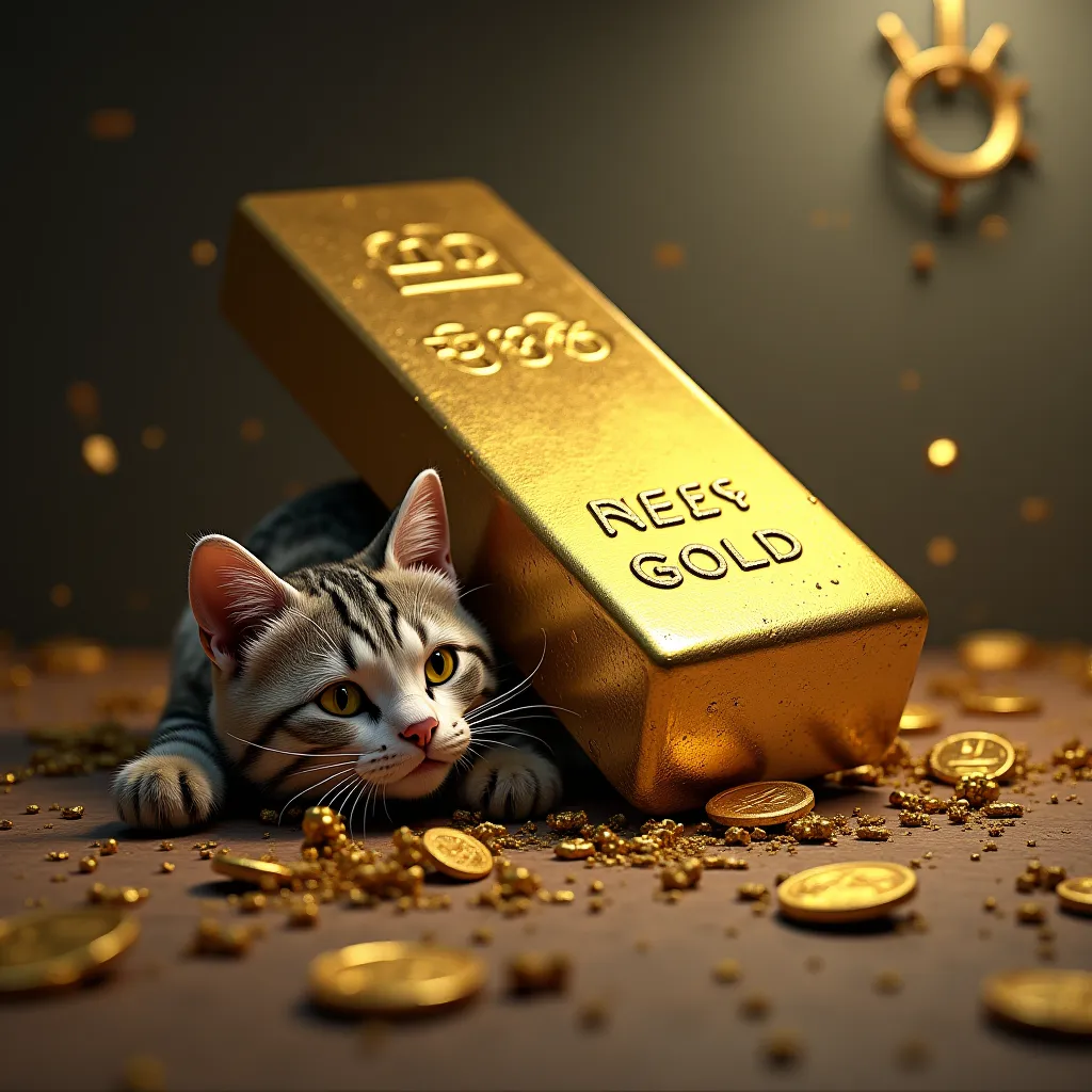 The cat was crushed by a gold bar