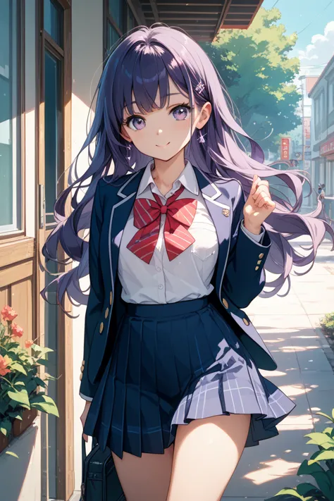  cute japanese schoolgirl、long hair、uniform（blazer、Skirt） 。With dark purple hair、lightly wavy style。I&#39;m a little surprised。in the high school yard looking embarrassed and blushing。高校の校庭にいる。no panties。風でSkirtが捲れる