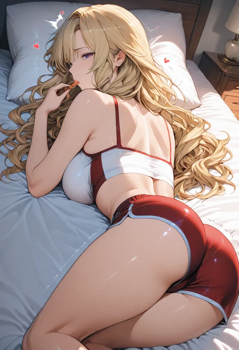 (Elaborate) A hot young age girl 、wear red tight polyester gym shorts and a white top。She has blonde wavy hair、The butt is big、The chest is large。HD Real Photo 8K、She&#39;s fit、Her waist is slim、 looks so young 。Her breasts are very large、Drawing a curve。h...