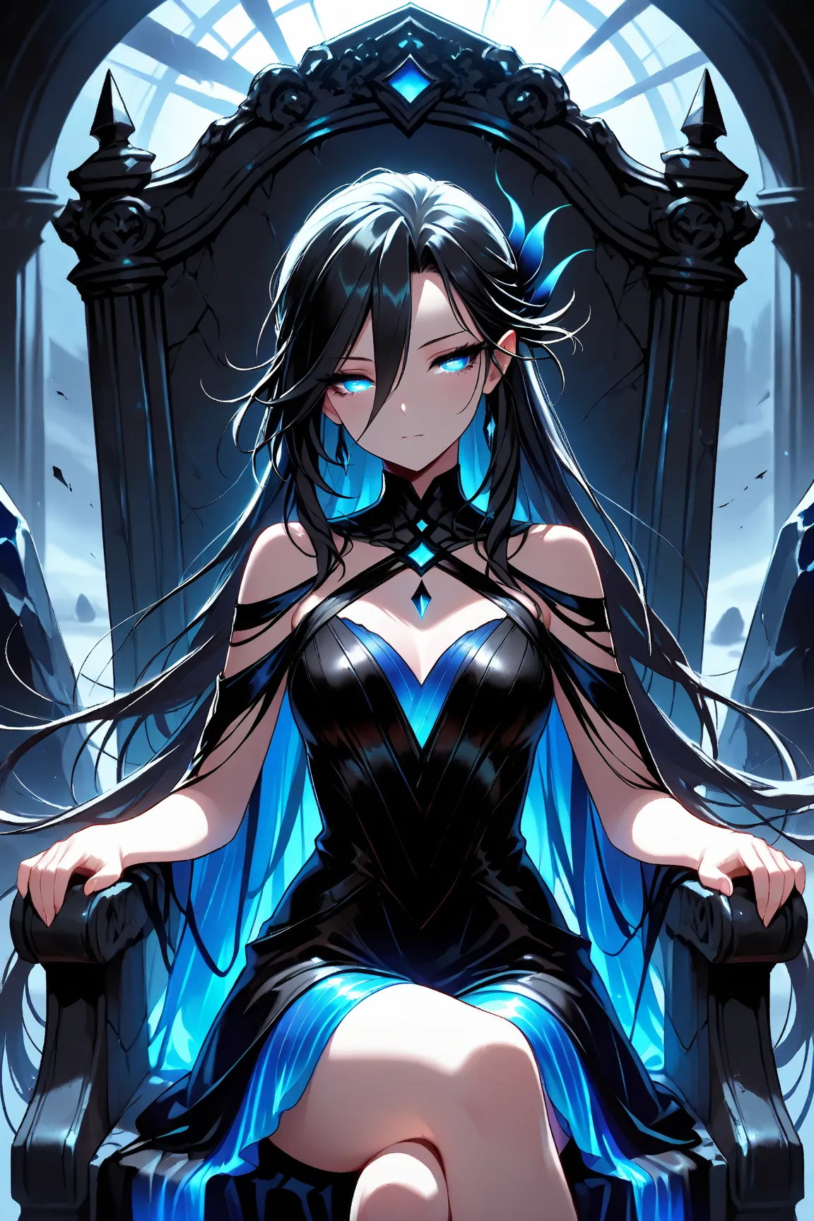  Nyx (Goddess of night) , 1 girl, solo , sitting on a throne made of ebony stone , slit dress , crossed legs, glow clothes, extremely detailed face, detailed eyes, Greatest Masterpiece, TOP QUALITY, 8k,