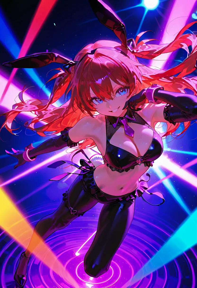 “4-frame comic depicts how Soryu Asuka Langley dances in a bunny girl costume。scene where Aska starts dancing on the dance floor、details of the bunny girl costume are depicted in detail。The background is a fantastic dance floor and、A sparkling disco ball a...