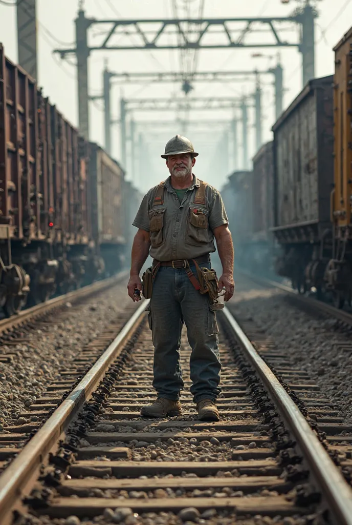 The man works with trains and stands in the middle of the tracks while doing it