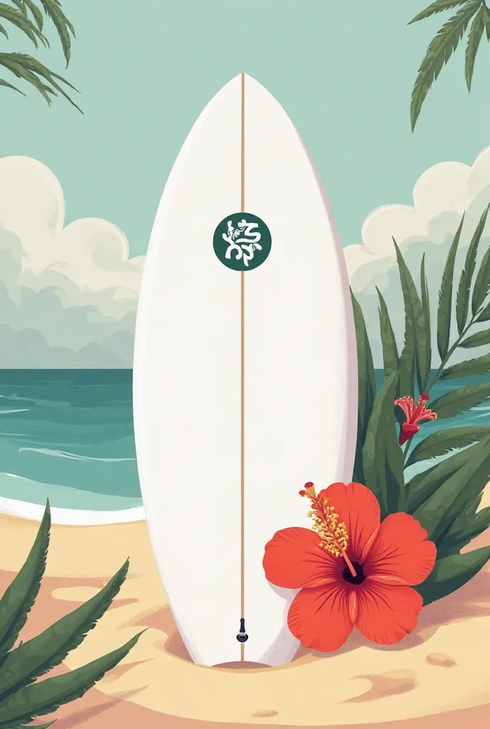 Torq fish white surfboard with hisbiscus flower simple and beachy easy to draw. Not too many leaves and add a few more flower simple
