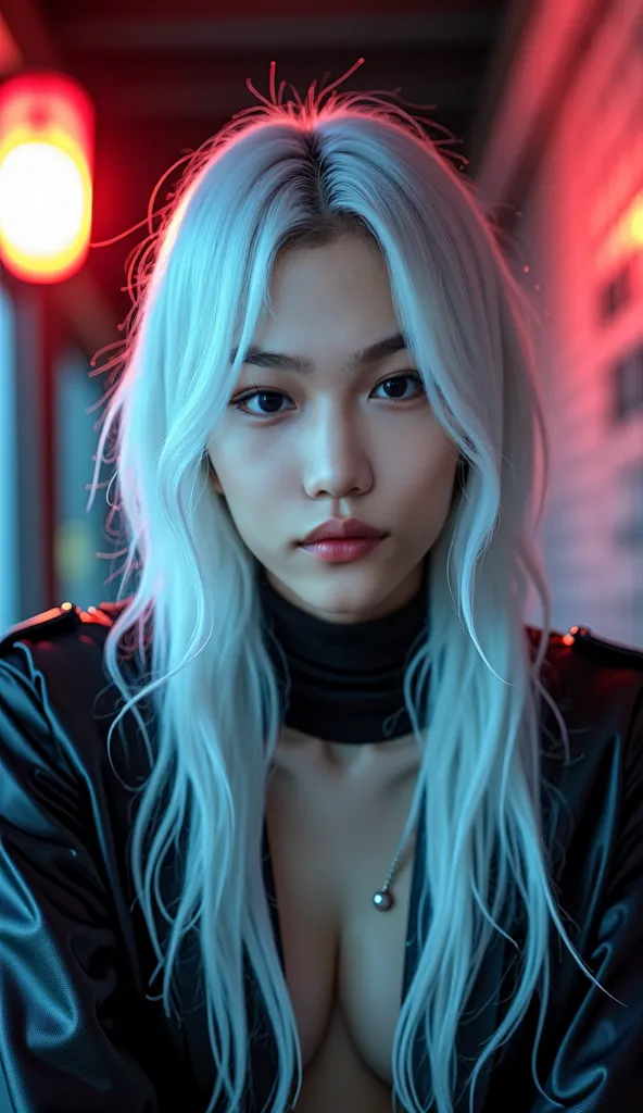 male, man with slim build, slim Korean guy, long hair, hyper detailed, light effects, middle parted hair, hyper realism, photo realistic, close up, long straight hair, long white hair, white hair, very slim guy with slight muscle definition, pale skin, man...