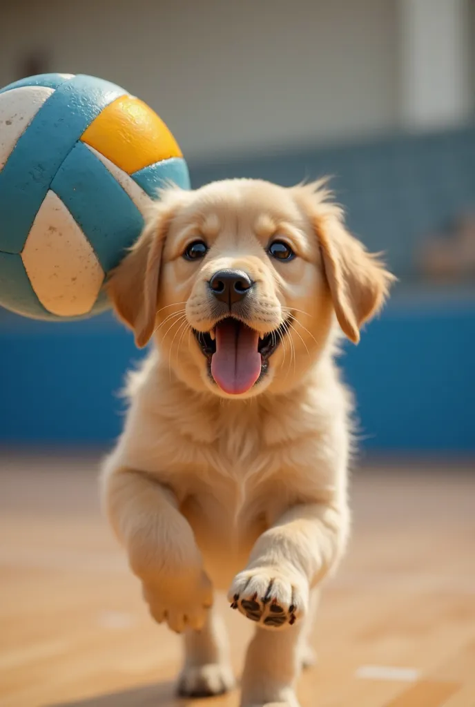 pictures of realistic puppies playing volleyball. World Congress. 、Volleyball representative players、puppies are professional volleyball players、Puppies throw volleyball、  Cute Puppy,Live-action version ,    too real、、  background  "Inside the gym、 Interio...