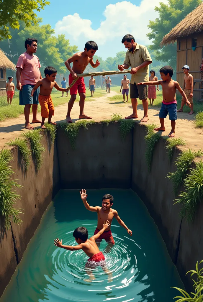 Here’s a detailed description of the image you want:

"In a rural village setting, a small  has accidentally fallen into a deep well filled with water. The  is struggling, waving their hands for help. Nearby, a group of people, including men, women, and so...