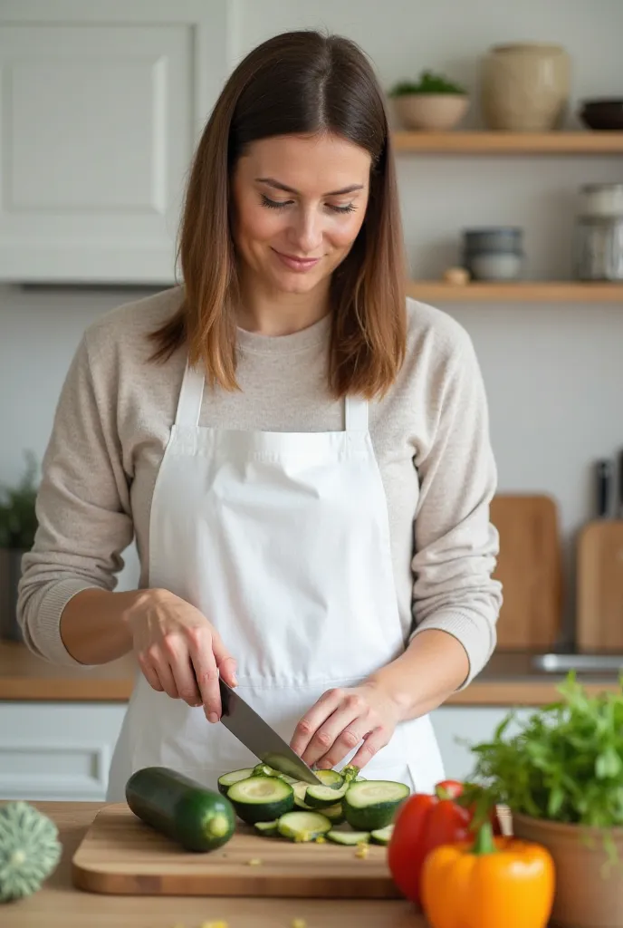 Here is a prompt to generate the image:

Prompt:
"A woman of approximately 30 years old, with straight brown hair, wearing a comfortable white apron, is in the kitchen cutting fresh vegetables,  like zucchini , cucumber and peppers, for a low carb meal. Th...