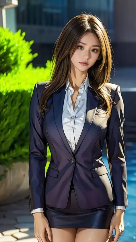   top quality ,   realistic ,     Tall Very Detailed    , finely,   high resolution,   8k Wallpaper,    beauty of aquarium architecture   ,,   light brown disheveled hair ,   I'm wearing a business suit ,Wearing a slit skirt    、   sharp concentration,    ...