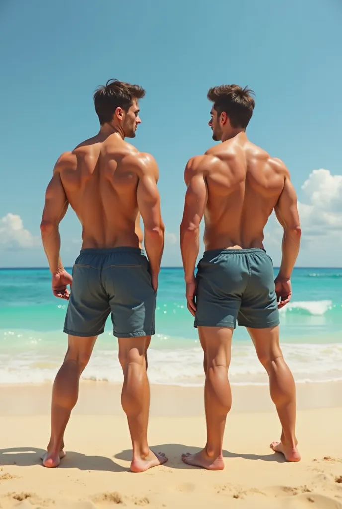 2 average build young guys with large round butts on the beach looking back at the camera even larger butts