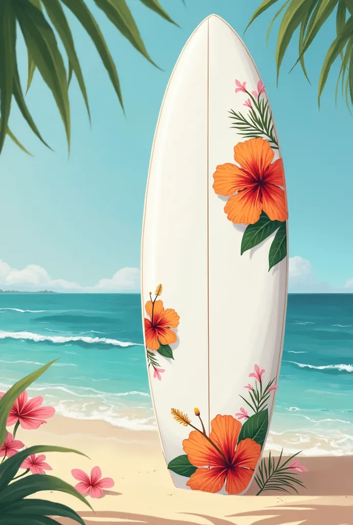 Torq fish white surfboard with paintings of hisbiscus flower simple and beachy easy to draw. Not too many leaves and add a few more flower simple
