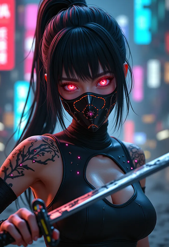 Rebellious cyberpunk female ronin with glowing neon tattoos wielding a katana, vintage, medium close up, photorealistic anime art, katsuhiro otomo, james paick, as directed by denis villeneuve, unreal engine 6 --ar 9:16 --style raw --niji 6