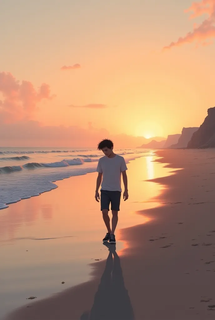 Alone mature sad boy walking in the sea beach at sunset