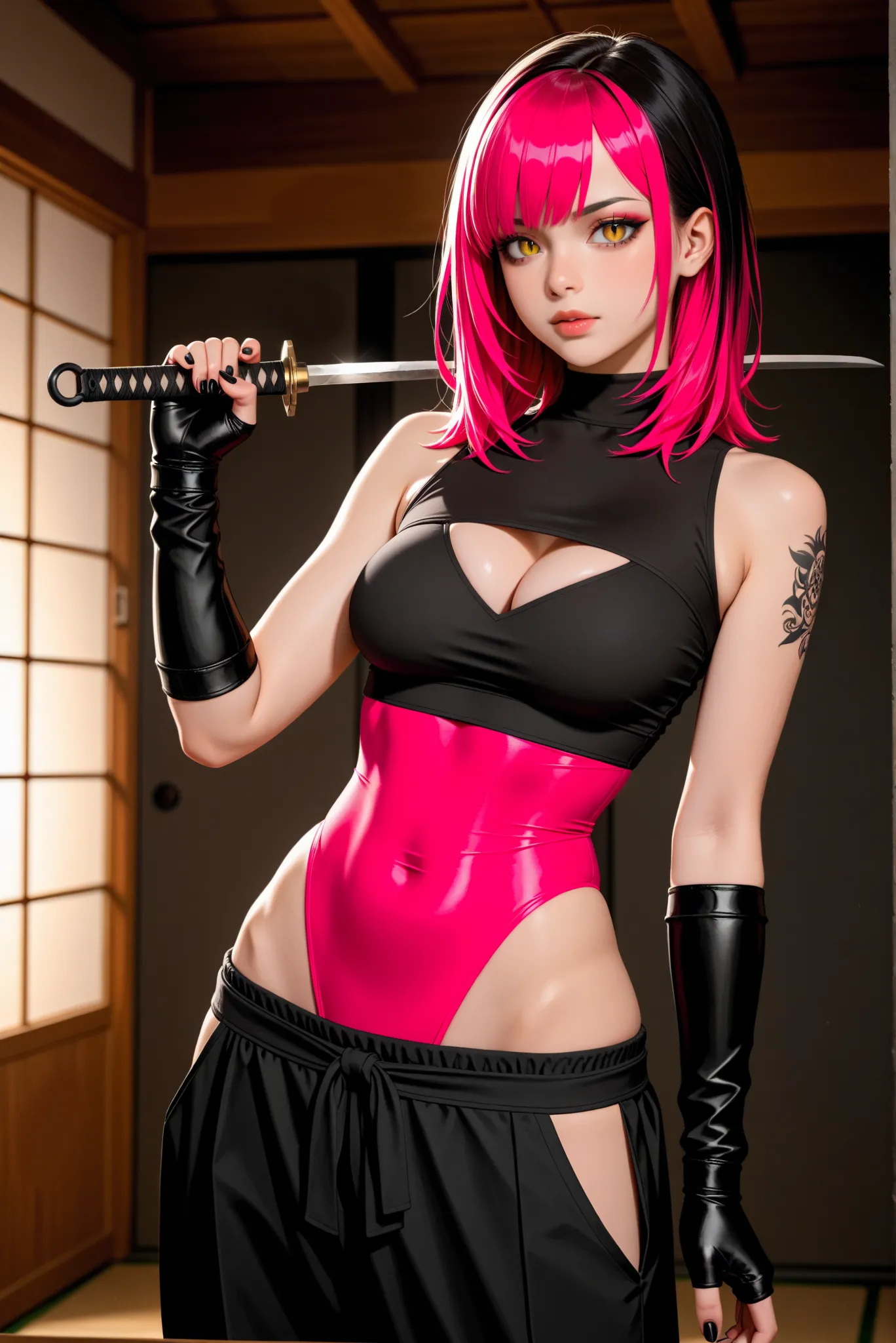 score_9, score_8_up, score_7_up, (masterpiece, UHD, 8K, 16K, ultra detailed),  nsfw, "1girl, yellow eyes, slit pupils, two toned hair, pink hair, black hair, short hair, long hair, medium hair, medium breasts, cleavage, sai (weapon), ninja, ninja" yoga pan...