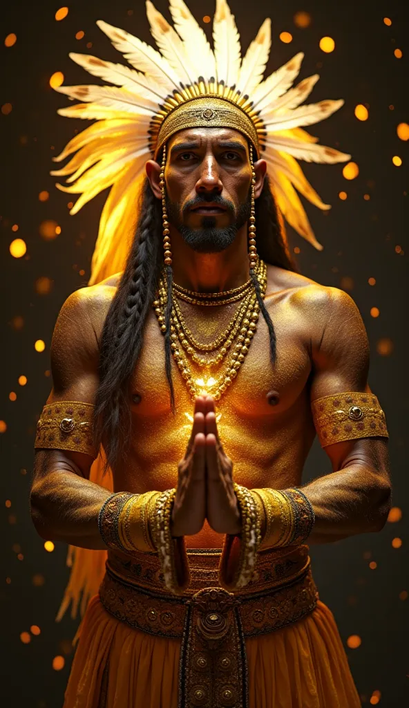 A powerful shaman warrior with his skin covered in brilliant gold ink, symbolizing his divine connection with the spirit of nature. He wears a magnificent headdress of gold and white feathers, radiating a heavenly glow. } Her long, braided hair is adorned ...