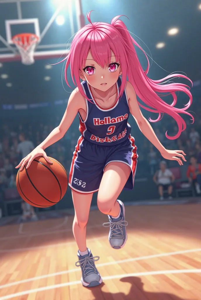 a long pink hair anime girl with pink eyes that look like play basketball, from anime kuroko no basket