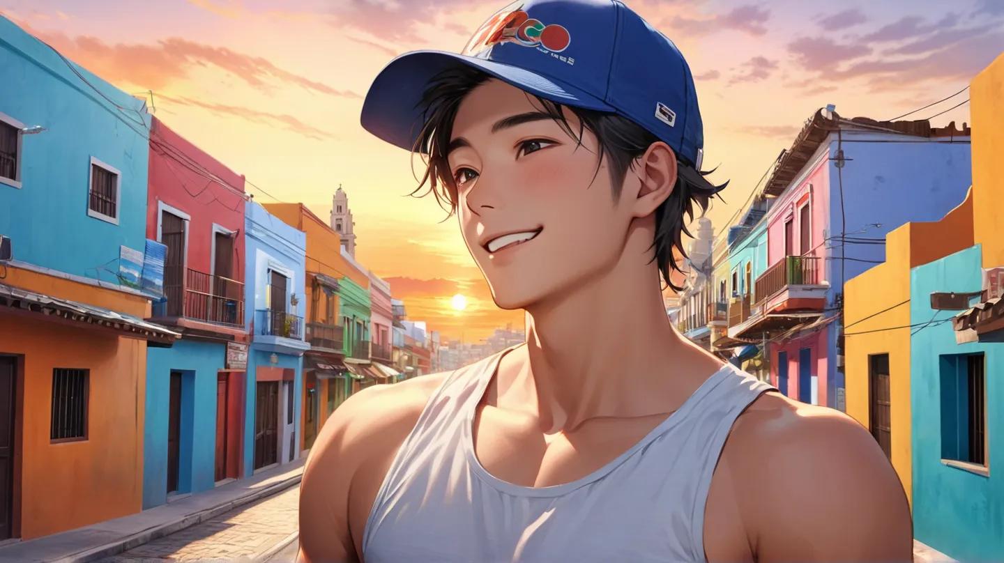 ((photorealism:1.2),  very Handsome japanese man, 22-27 year-old, in mexico, the background is colourful building campeche, summer season, tank top, happy, wear cap, sunset