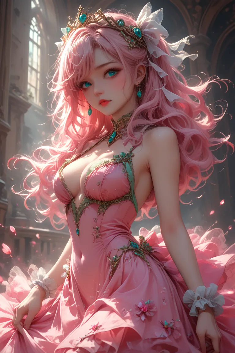 1 girl, long wavy pink hair, wearing a Marie Antoinette style dress