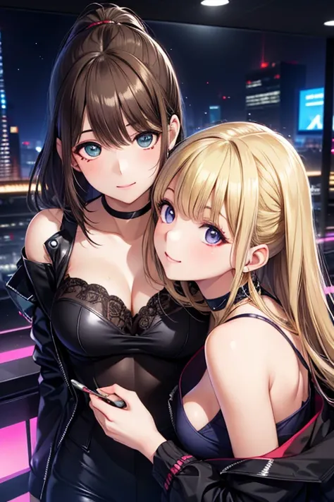 (masterpiece, best quality, 8k, sharp concentration, depth of field, Best Shadow,  perfect light, high resolution, realistic skin texture, ultra- details background,  details),  anime style, Two women kissing (one of them has green eyes, white skin, dark h...