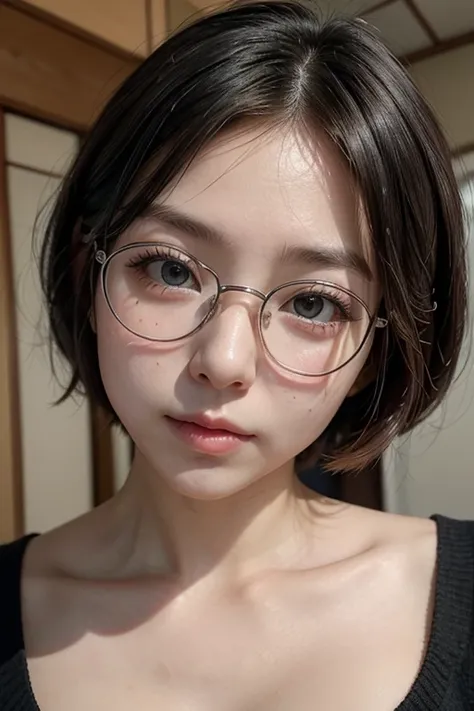 Military Woman, soldier girl, Military Woman ((neckline)),,(((beautiful face))),Drooping eyes,very short hair,  small glasses  ,( without averages:1.2),,((Japanese))medium breasts 