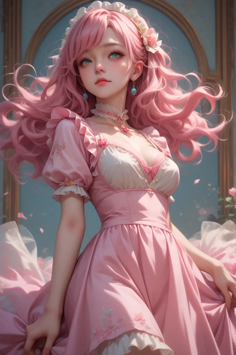 1 girl, long wavy pink hair, wearing a Marie Antoinette style dress