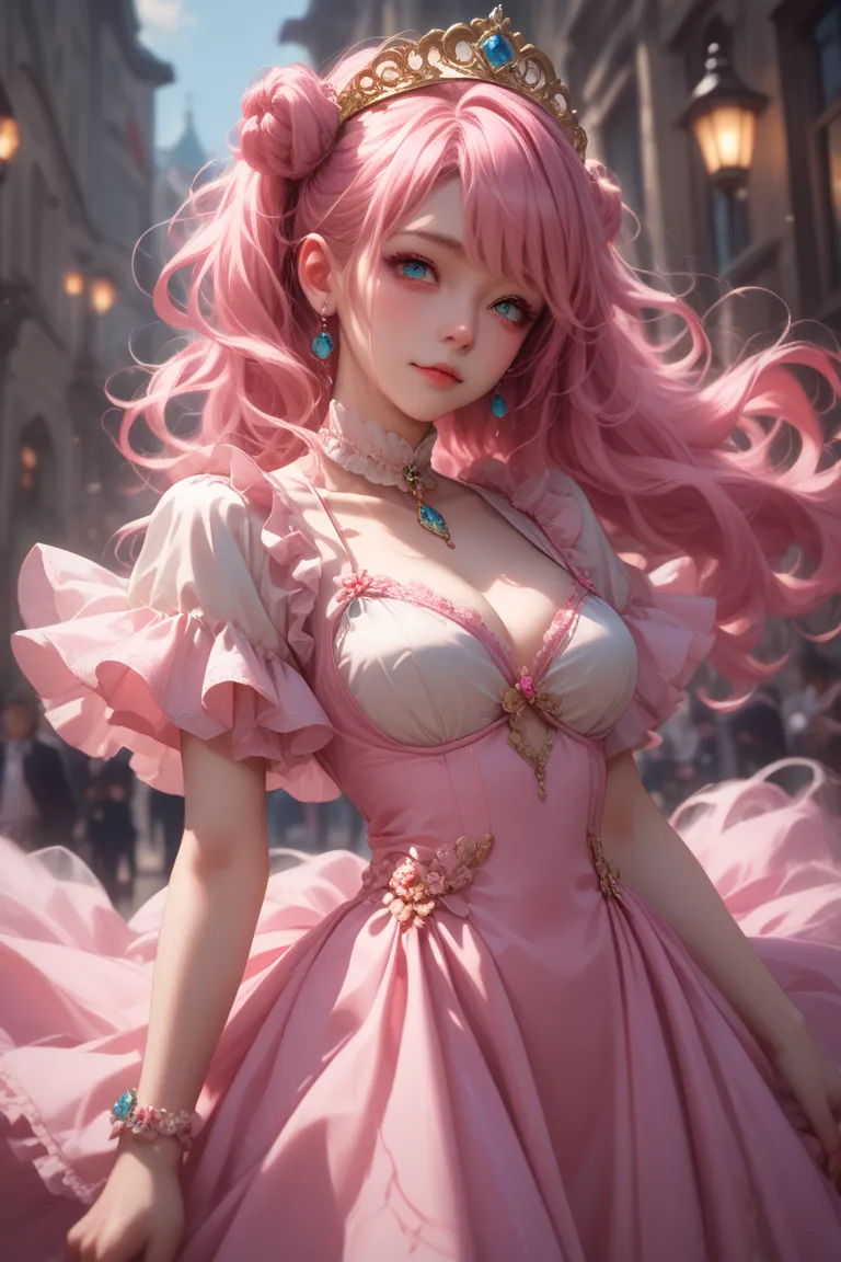 1 girl, long wavy pink hair, wearing a Marie Antoinette style dress