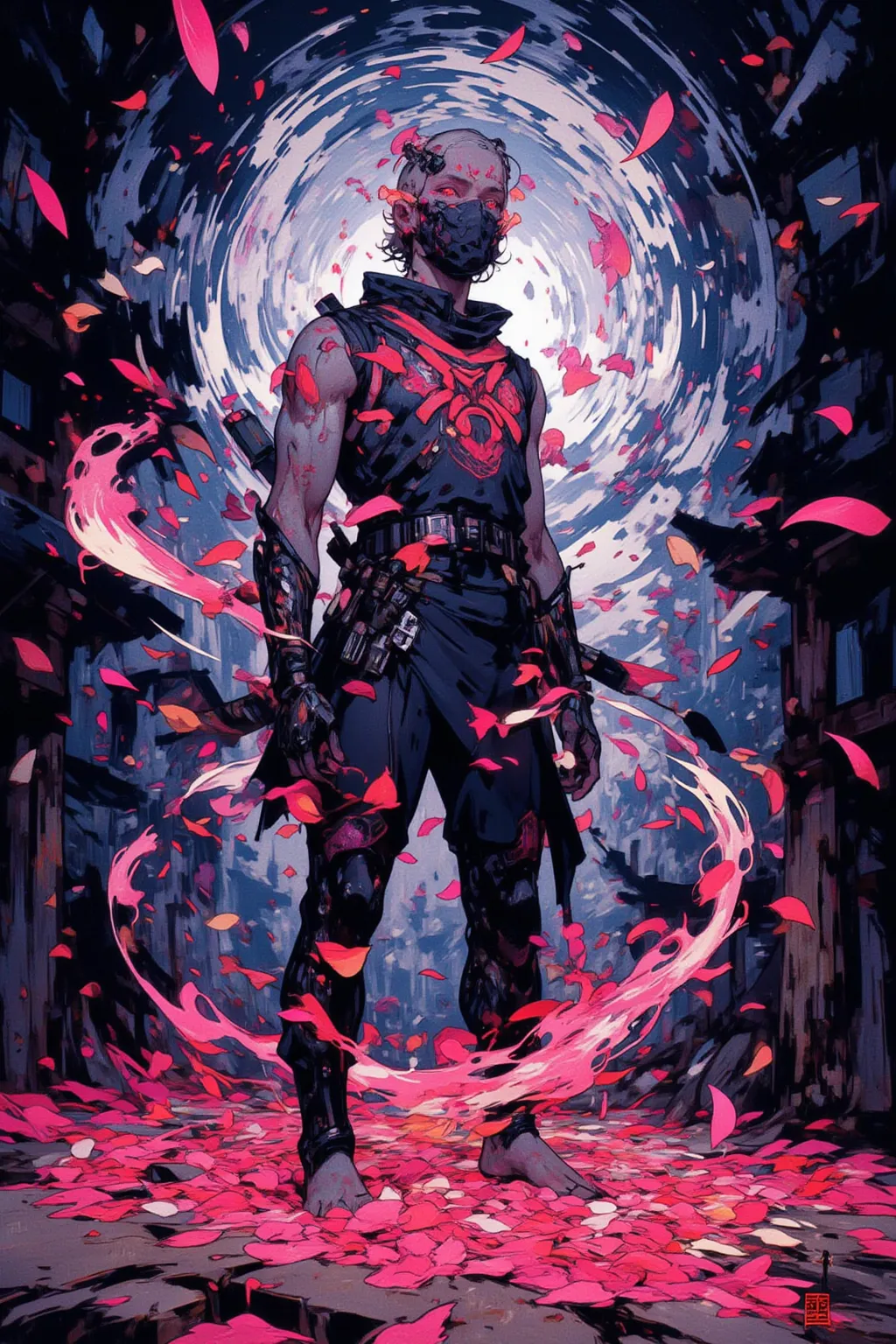 Countless petals fly around in the moonlight,A ninja dodges them using bullet time,A ninja is performing an acrobatic pose in the air,Petals stand still around him,Moonlight backlighting,Gloss and energy wave effects for petals and ninjas,Illustration of t...